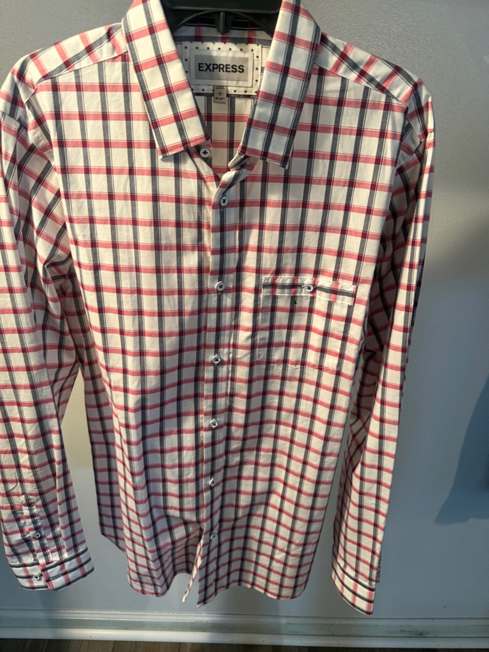 Express Men’s White Shirt with Red and Gray Plaid